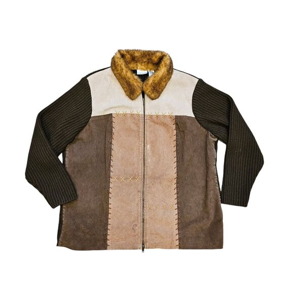 Vtg Fashion Bug Patchwork Suede Jacket Womens 18/20 Brown Knit Sleeves Boho
